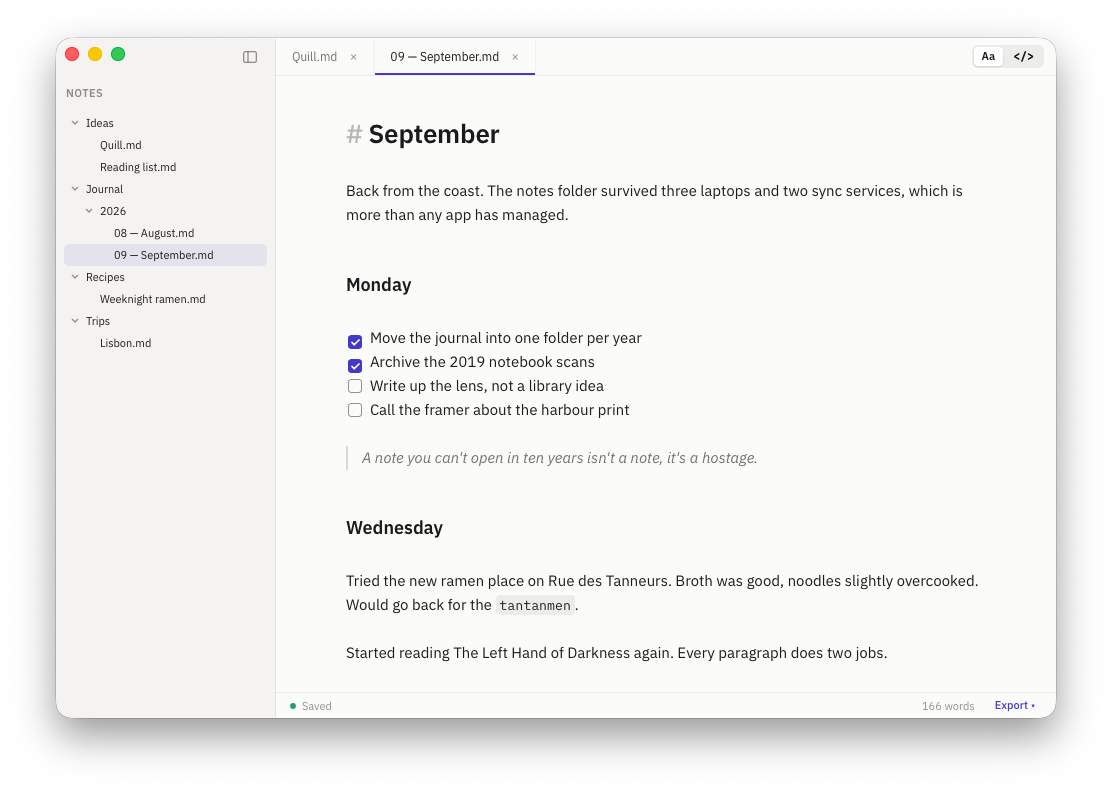 Quill showing a folder of notes: a sidebar with the folder tree, tabs, and a formatted journal entry with task checkboxes and a quote