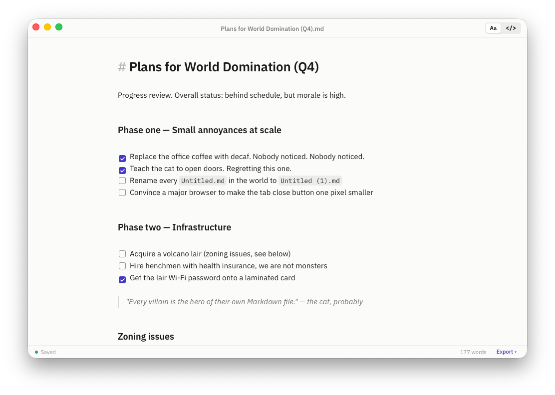 A single note open in Quill without a sidebar: a formatted checklist titled Plans for World Domination